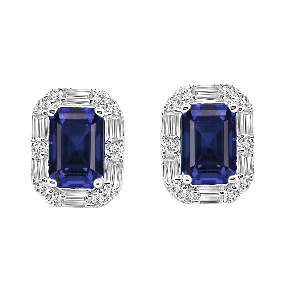 14K White Gold Tanzanite Baguette Halo Earrings - Emerald Shape 1.20 Carats