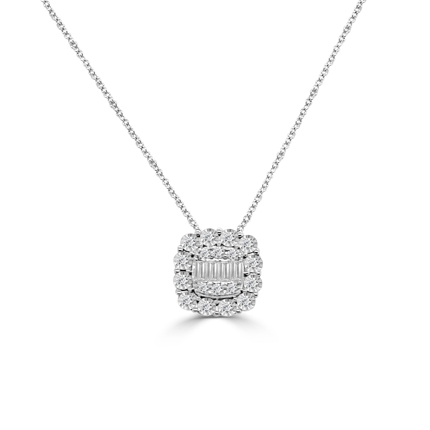 Details of Elegance: Mosaic Square Pendant Necklace in 18K White Gold with 0.20 Carat Natural Diamond Halo