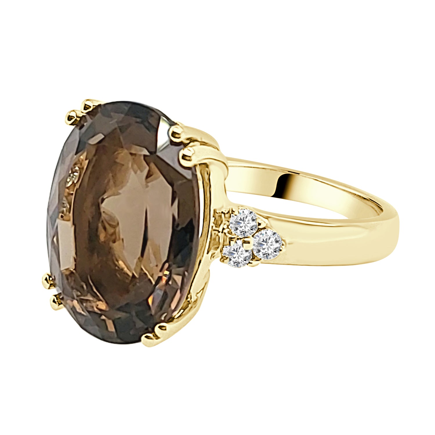 14 Karat Yellow Gold Smokey Topaz Oval Ring - 12.00 Carat Sparkle