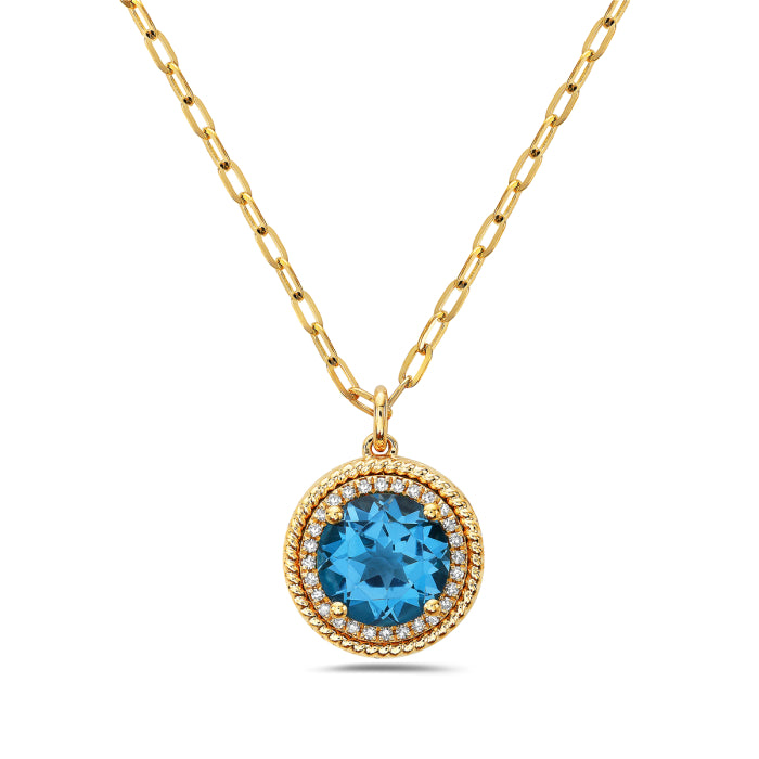 Swiss Topaz Rope Detail Necklace in 14K Yellow Gold with Blue Topaz - Round Shape 2.31