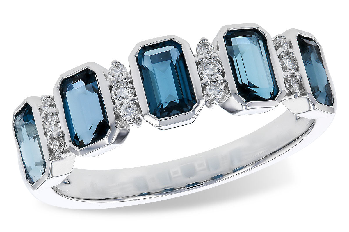 14 Karat White Gold Bezel Set London Blue Topaz Ring with Diamond Accent, Emerald Shape, 1.46 ct