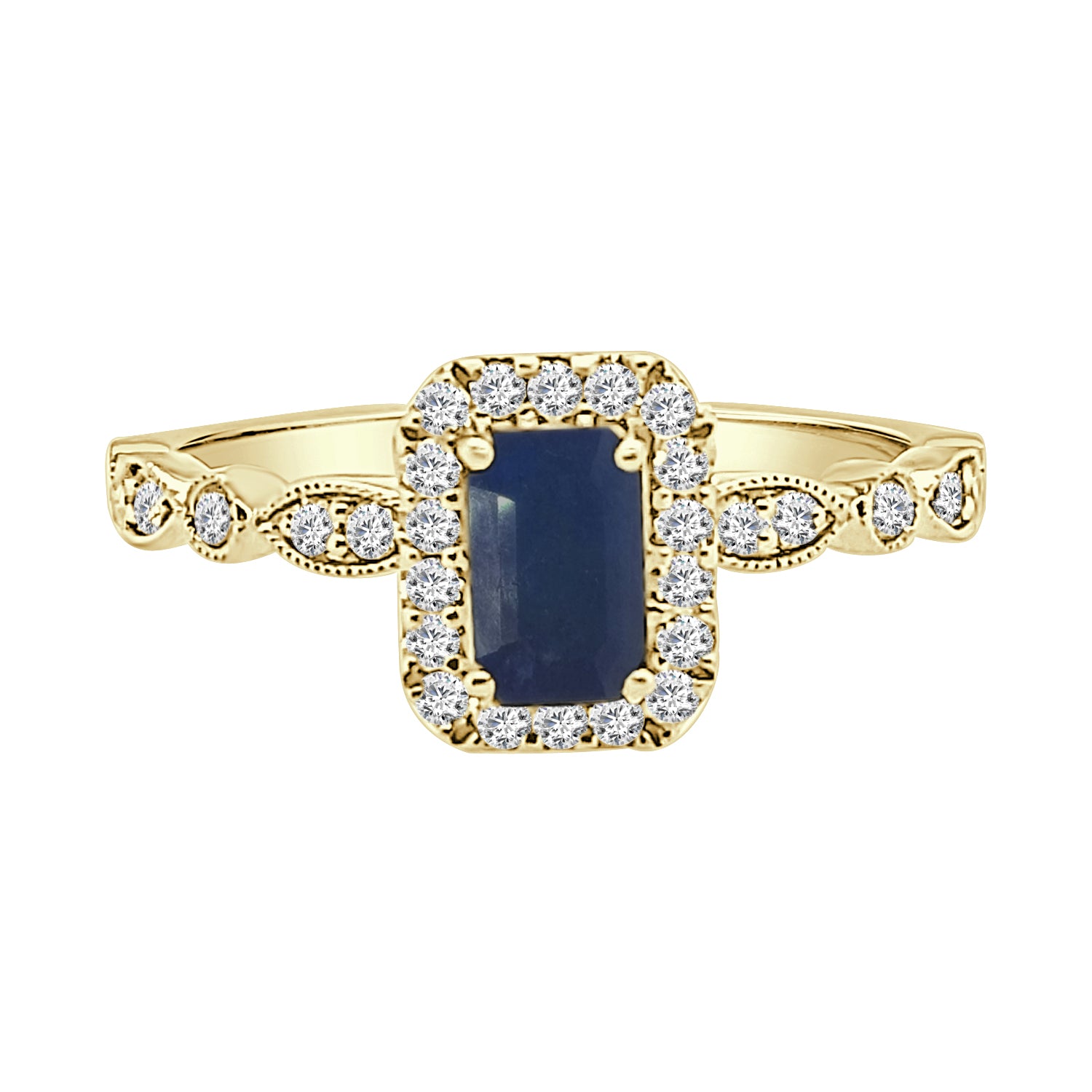 Emerald Halo Ring with Scallop Band in 14K Yellow Gold featuring 0.70 Carat Blue Sapphire