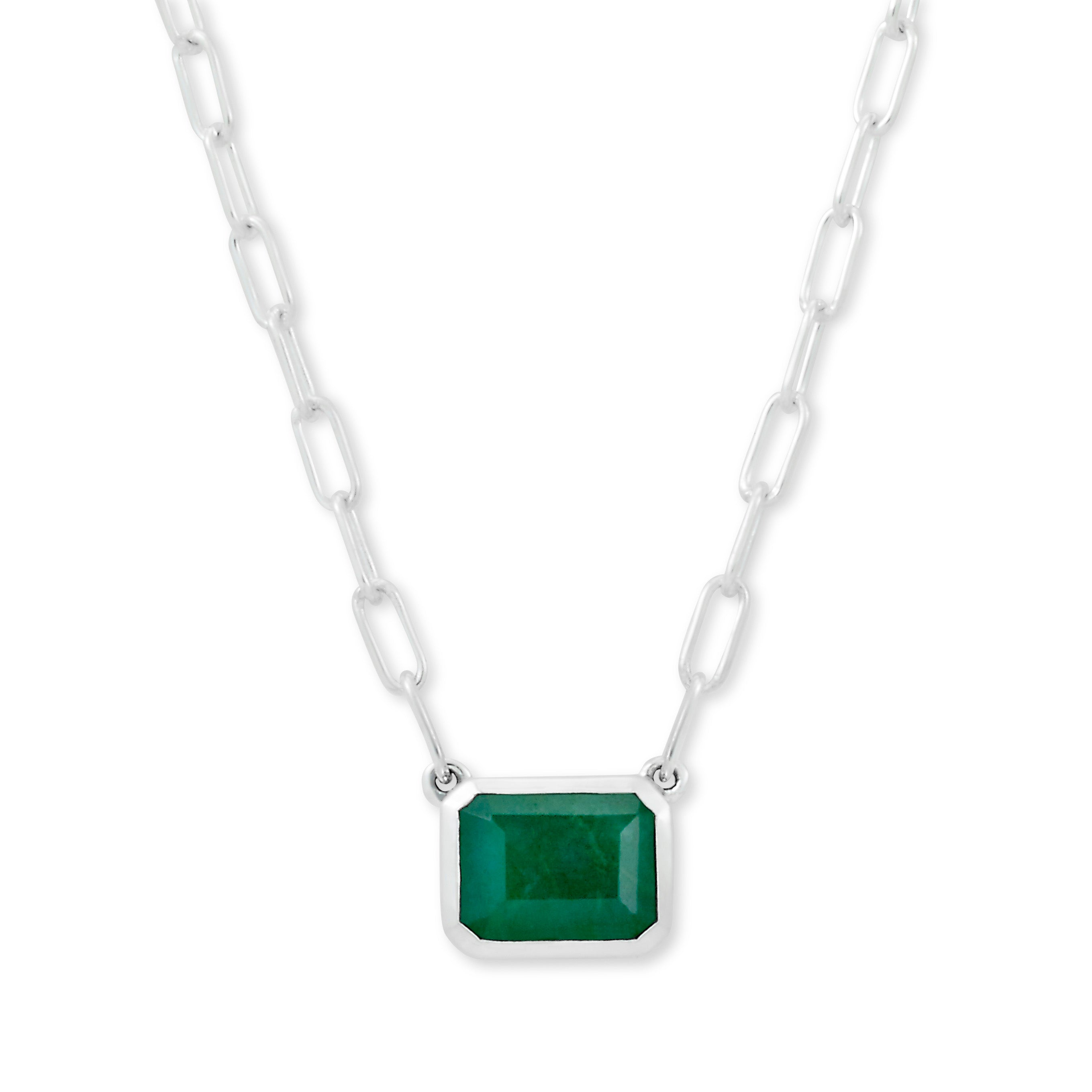 Emerald Cut Solitaire Sterling Silver Necklace with Stunning Emerald Accent