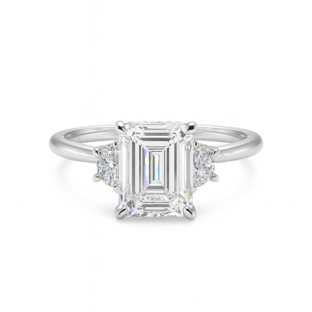 Emerald & Half Moon Lab Diamond Engagement Ring in 14K White Gold with Diamond Bridge - 3.08 ct