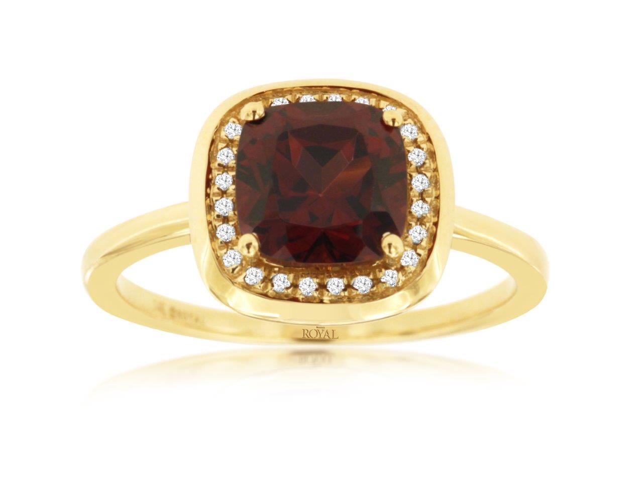 14K Yellow Gold Garnet and Diamond Ring with Round Shape Garnet - Size 2