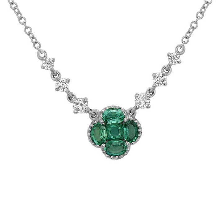 18K White Gold Station Clover Necklace with 0.72 Carat Emerald