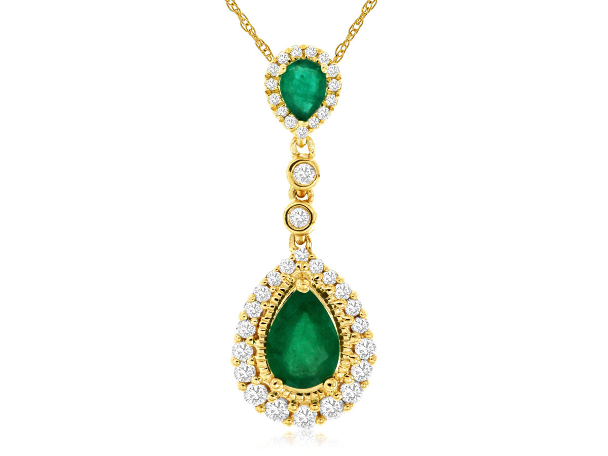 Emerald and Diamond Pendant Necklace in 14K Yellow Gold, Pear Shape, 0.82 Carats