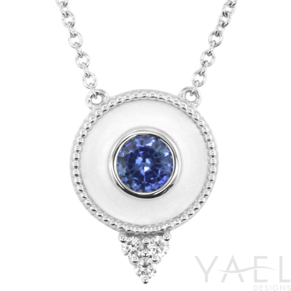 Regal Splendor: 14 Karat White Gold Necklace with Blue Sapphire Halo