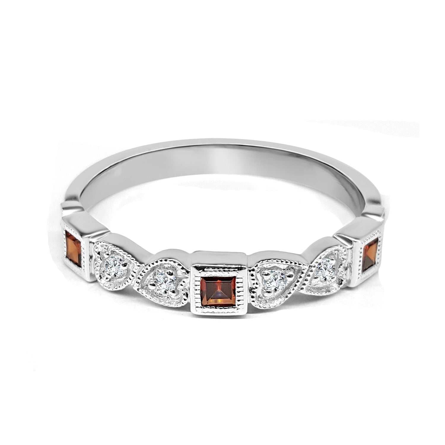 Milgrain Heart Garnet Ring in 10 Karat White Gold - 0.16 Carats