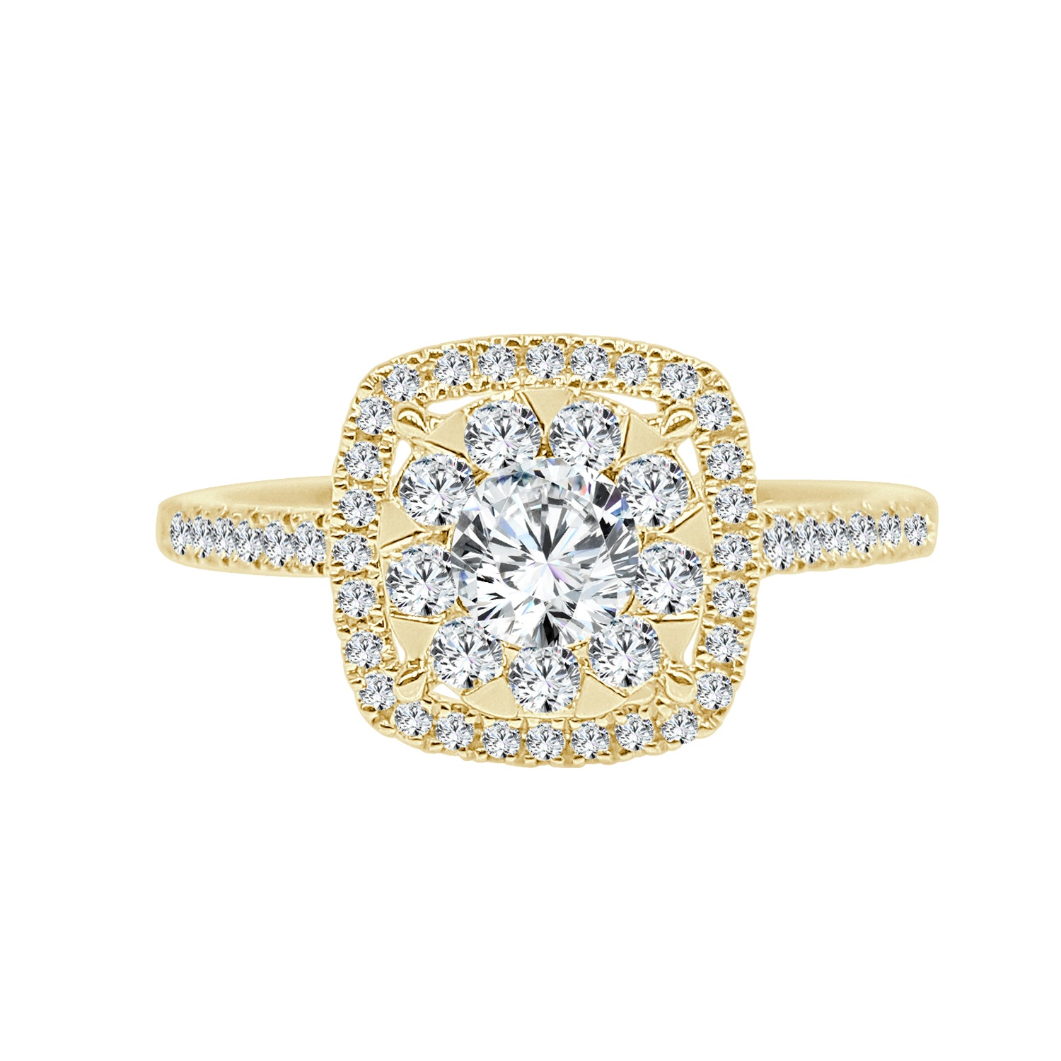 18K Yellow Gold Bouquet Cushion Engagement Ring with 0.77ct Natural Diamond