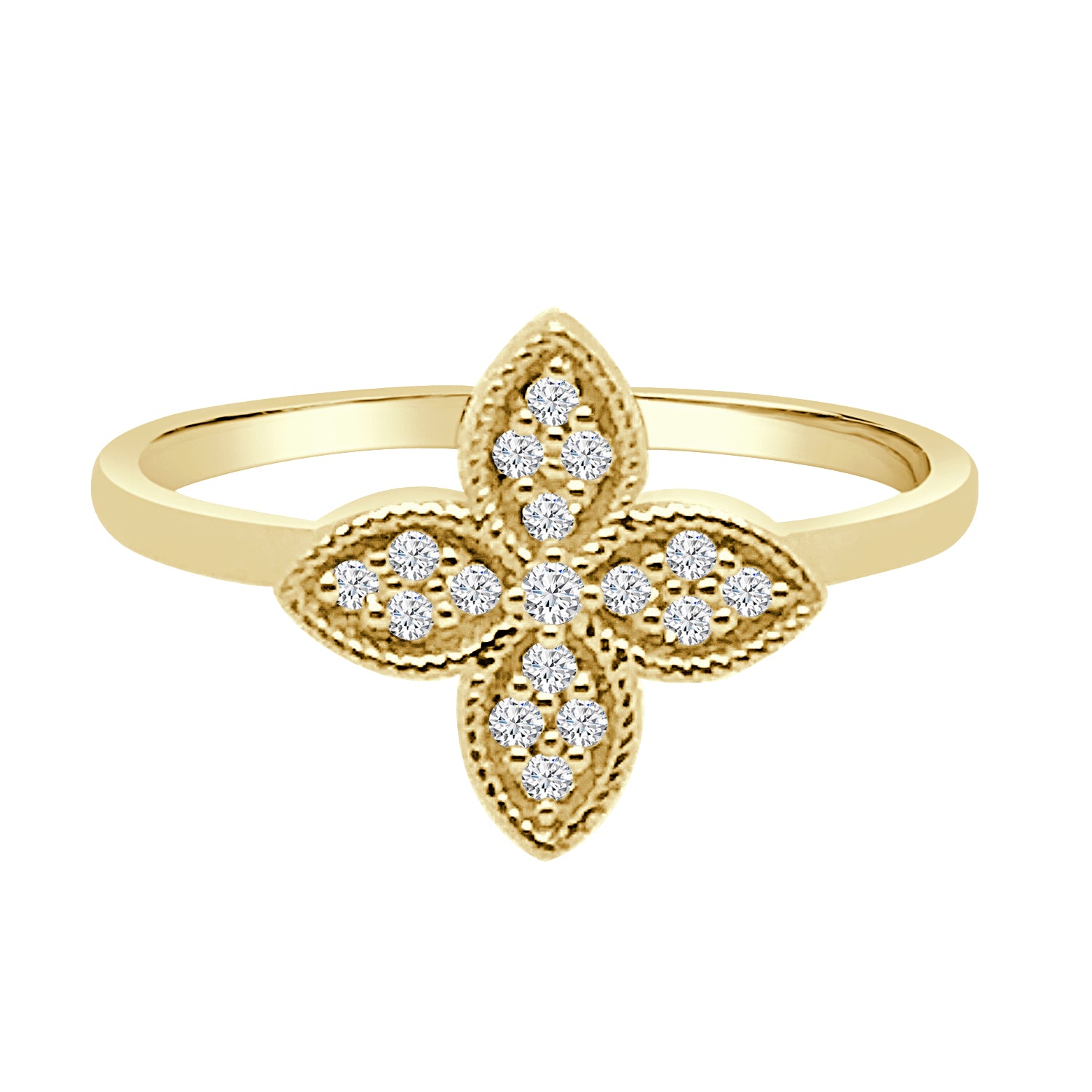 Milgrain Clover Diamond Ring in 14 Karat Yellow Gold - 0.09 Carats
