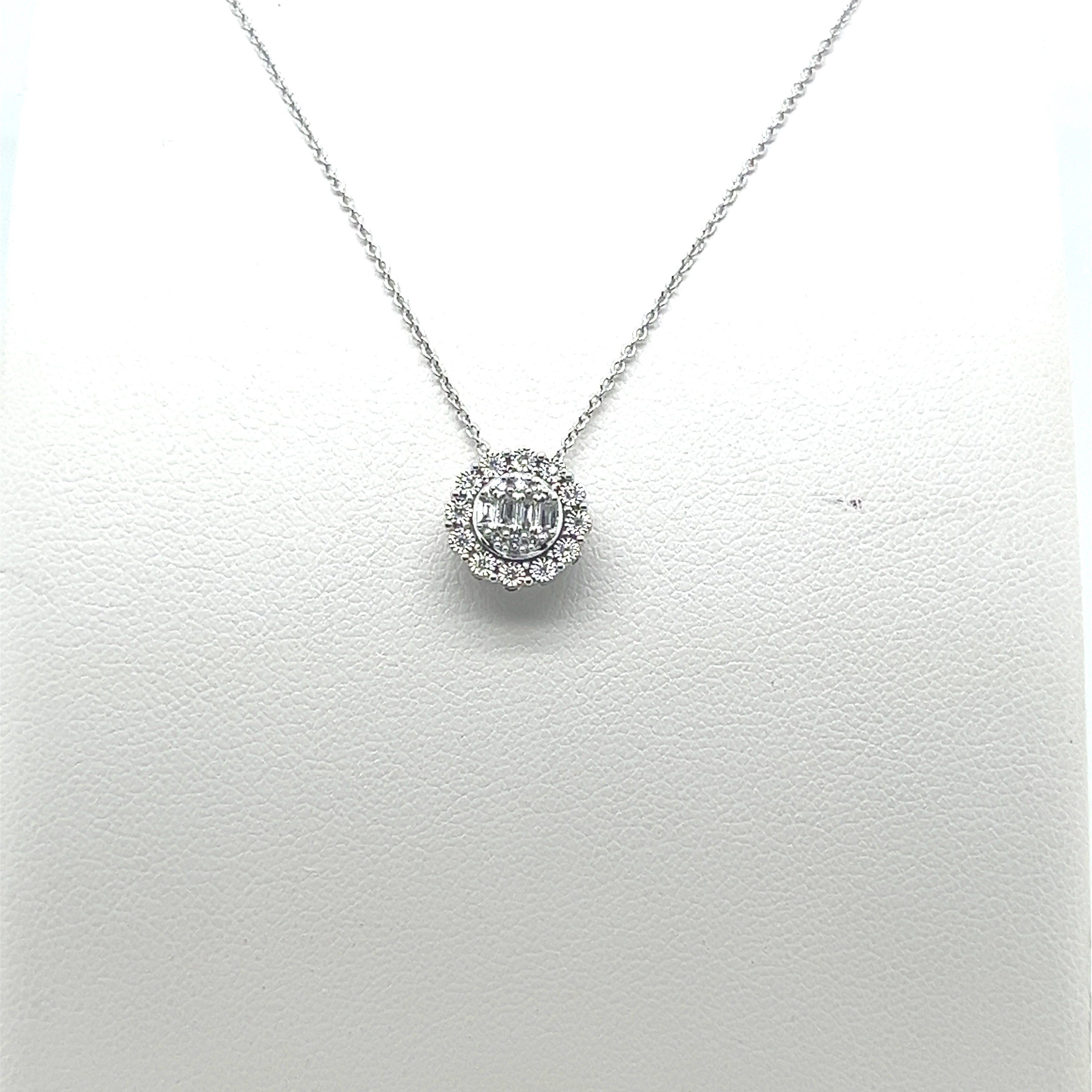 14 Karat White Gold Mosaic Round Pendant Necklace with Halo Featuring Natural Diamond 0.12 ct