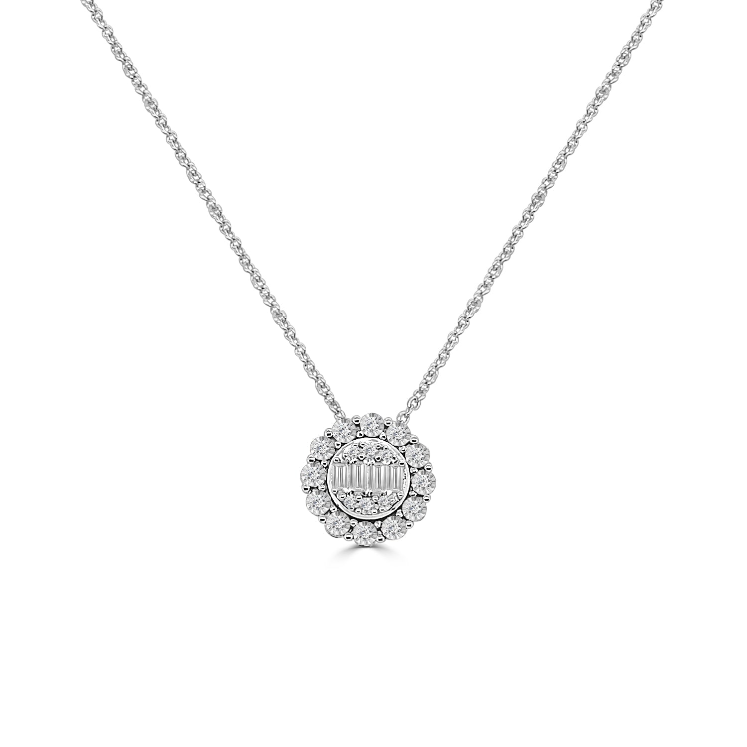 14 Karat White Gold Mosaic Round Pendant Necklace with Halo Featuring Natural Diamond 0.12 ct