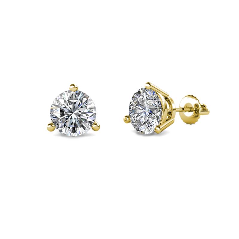 14K Yellow Gold Three Prong Solitaire Studs with 1.02 Carat Natural Diamond in Round Shape