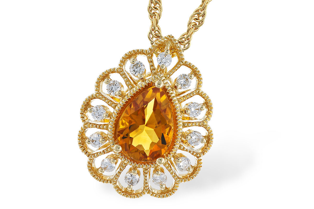 14 Karat Yellow Gold Fancy Milgrain Halo Pear Citrine Necklace, 0.62 Carats
