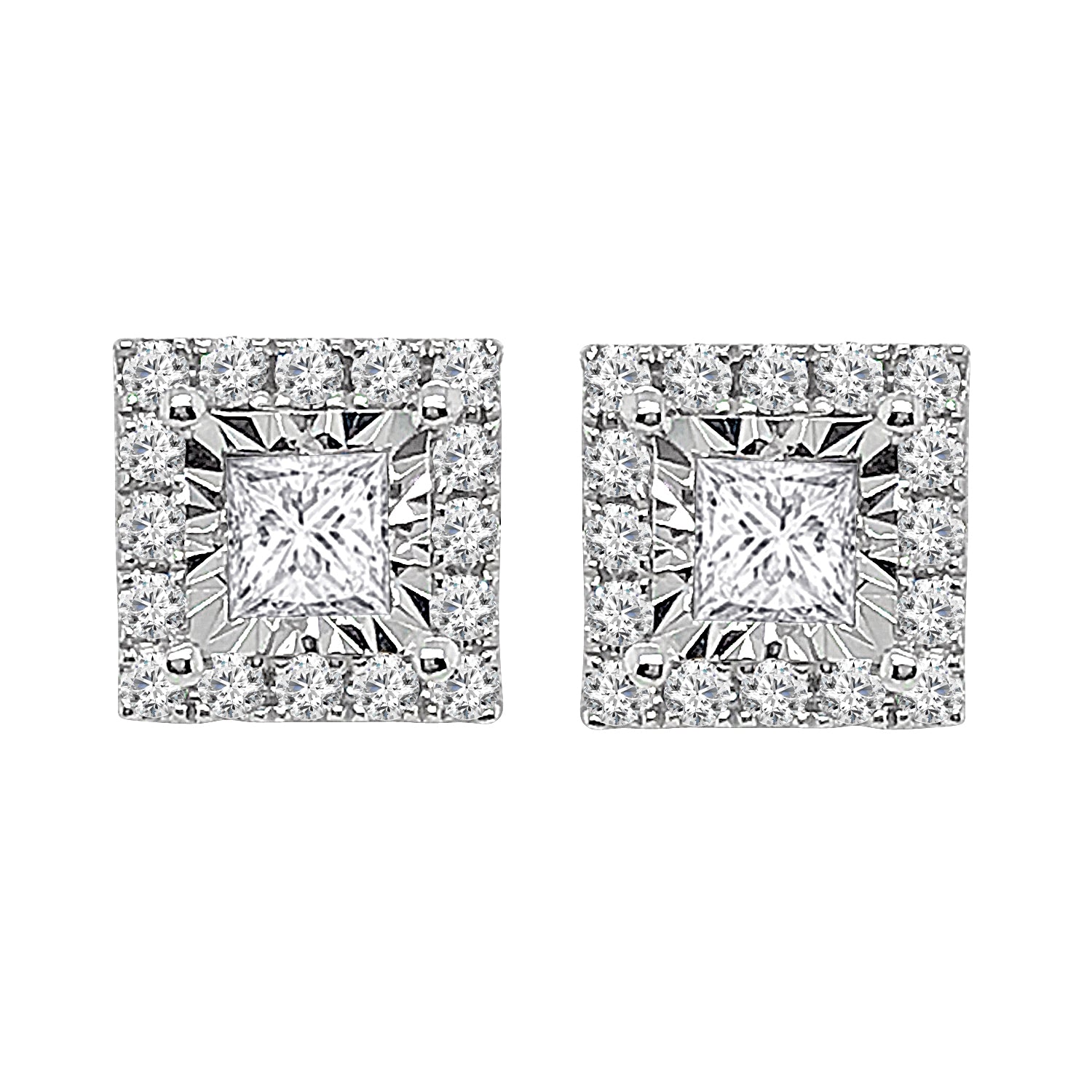18K White Gold Princess Halo Stud Earrings with 0.73 ct Natural Diamond