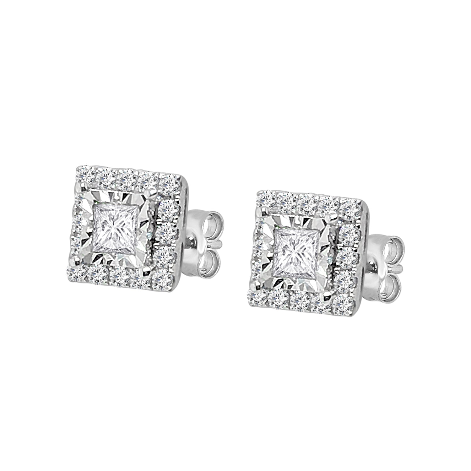 18K White Gold Princess Halo Stud Earrings with 0.73 ct Natural Diamond