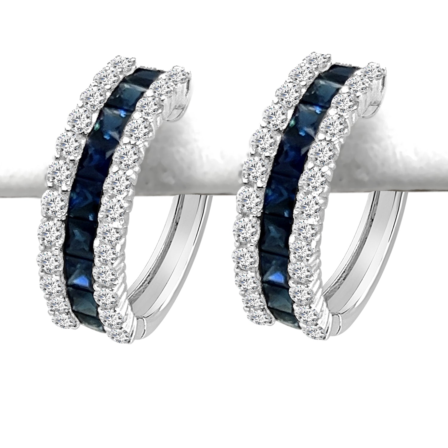 14K White Gold Diamond Channel Set Sapphire Hoop Earrings with 2.23ct Blue Sapphire