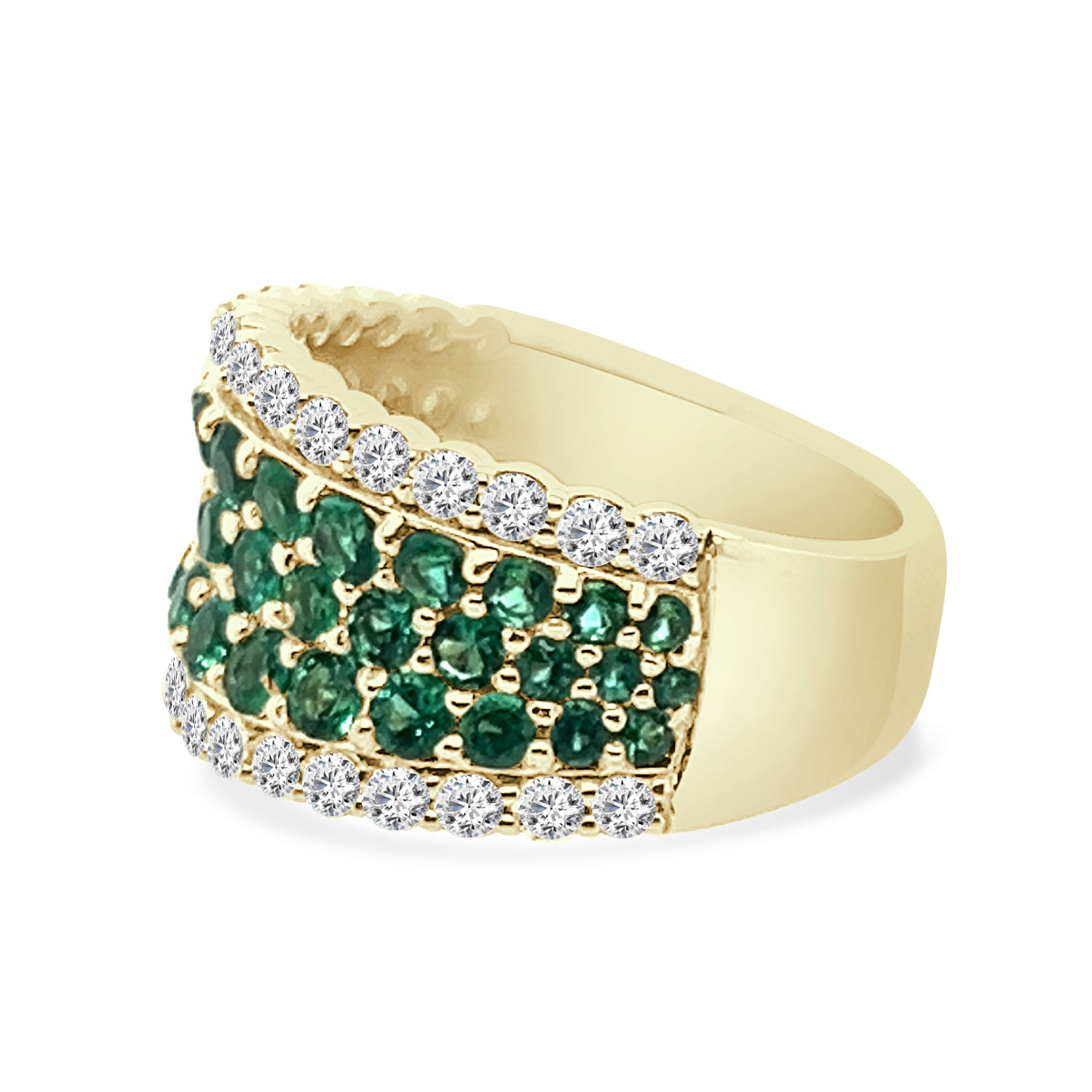 Dazzling Diamond and Emerald Multi-Row Statement Ring in 14 Karat Yellow Gold with 1.58 Carats of Emerald