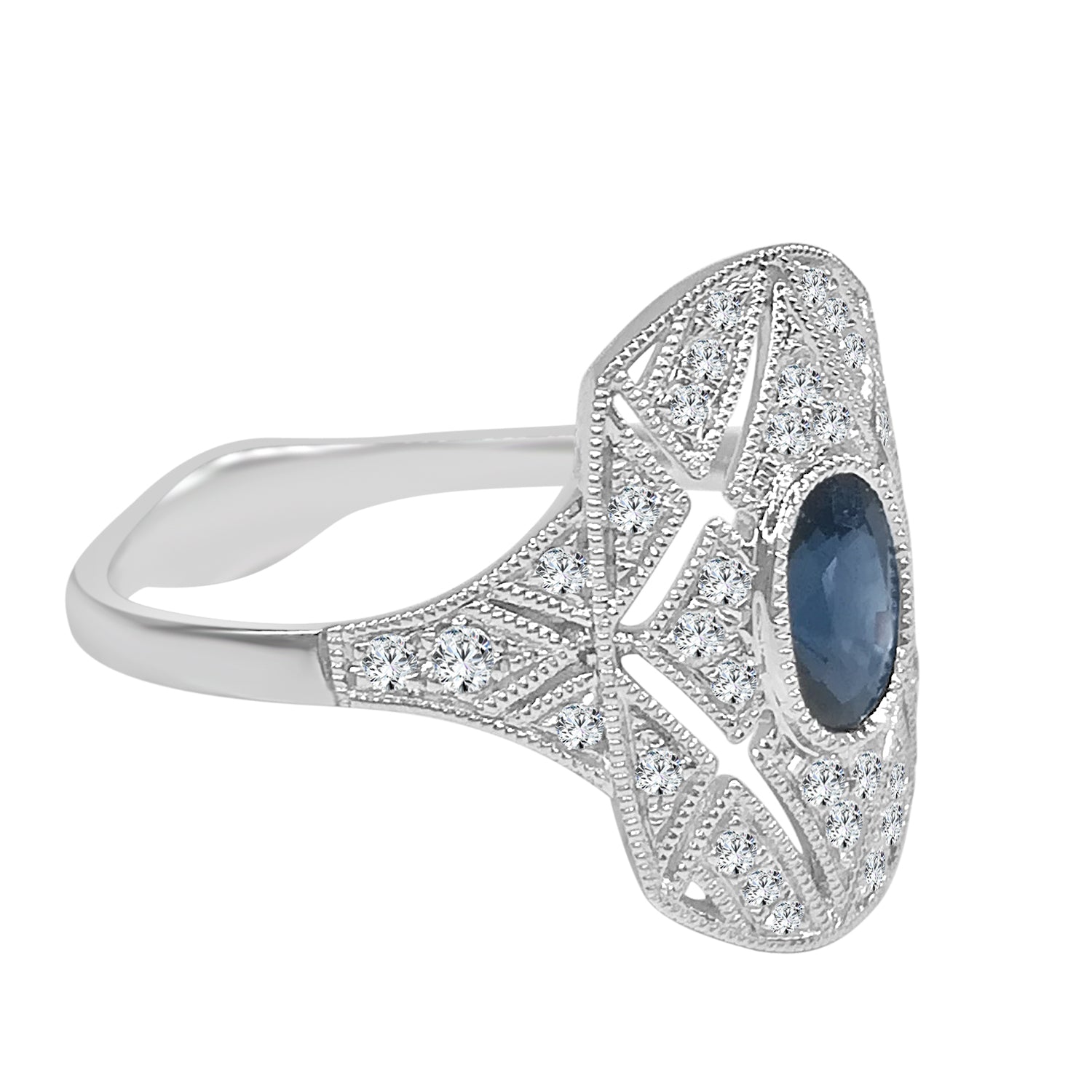Antique Milgrain 14K White Gold Blue Sapphire Oval Ring - 0.60 Carat