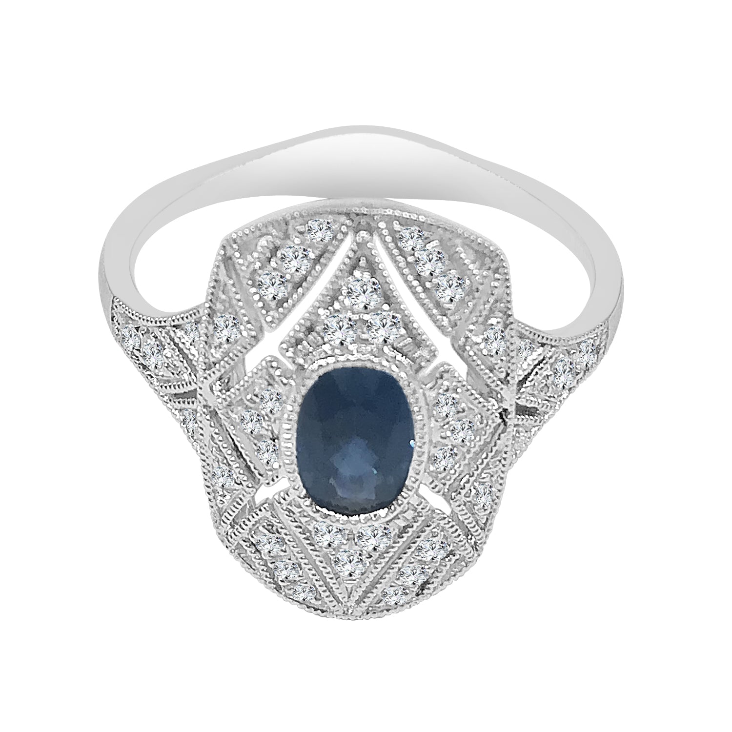 Antique Milgrain 14K White Gold Blue Sapphire Oval Ring - 0.60 Carat