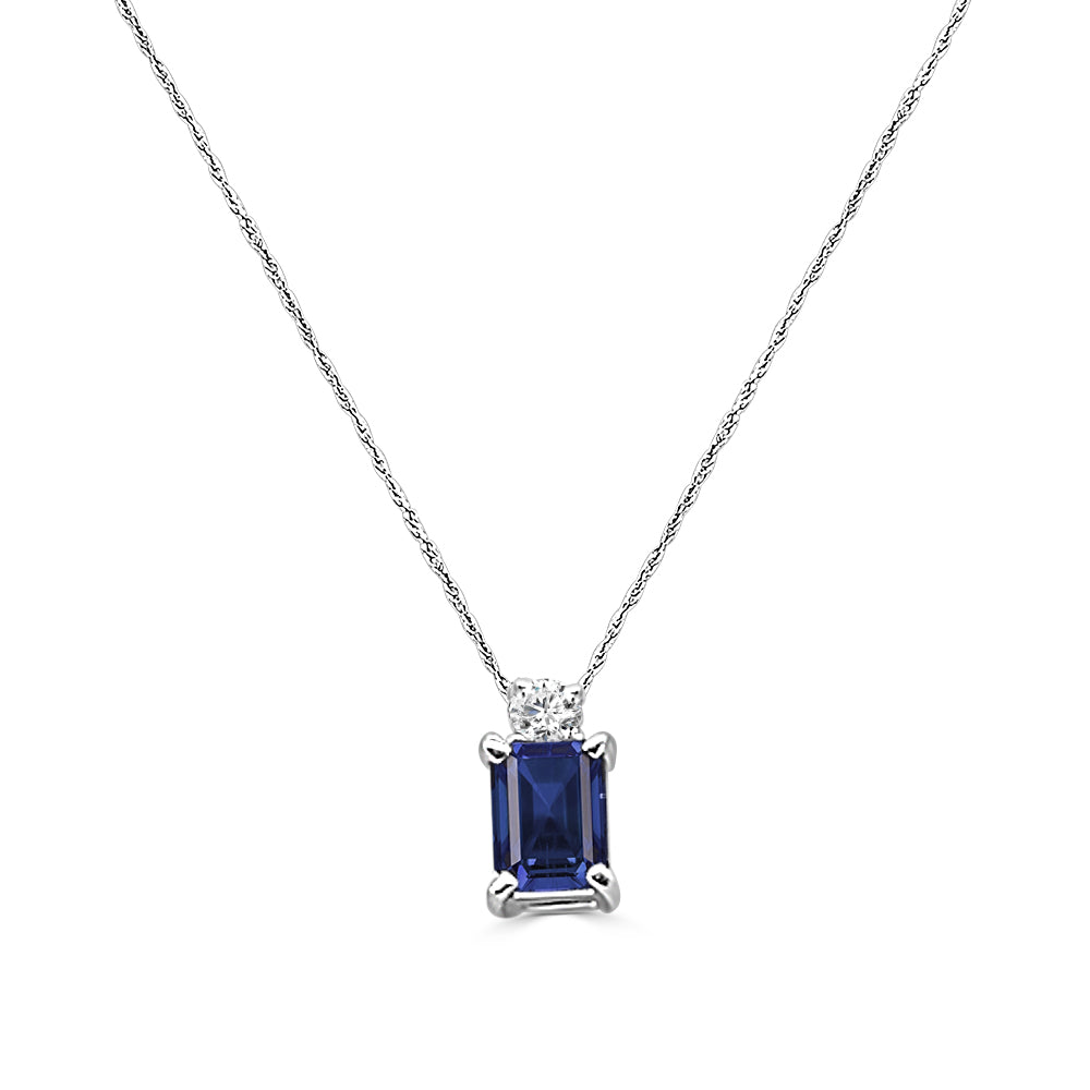 14K White Gold Blue Sapphire and Diamond Necklace with Emerald Shape Design
