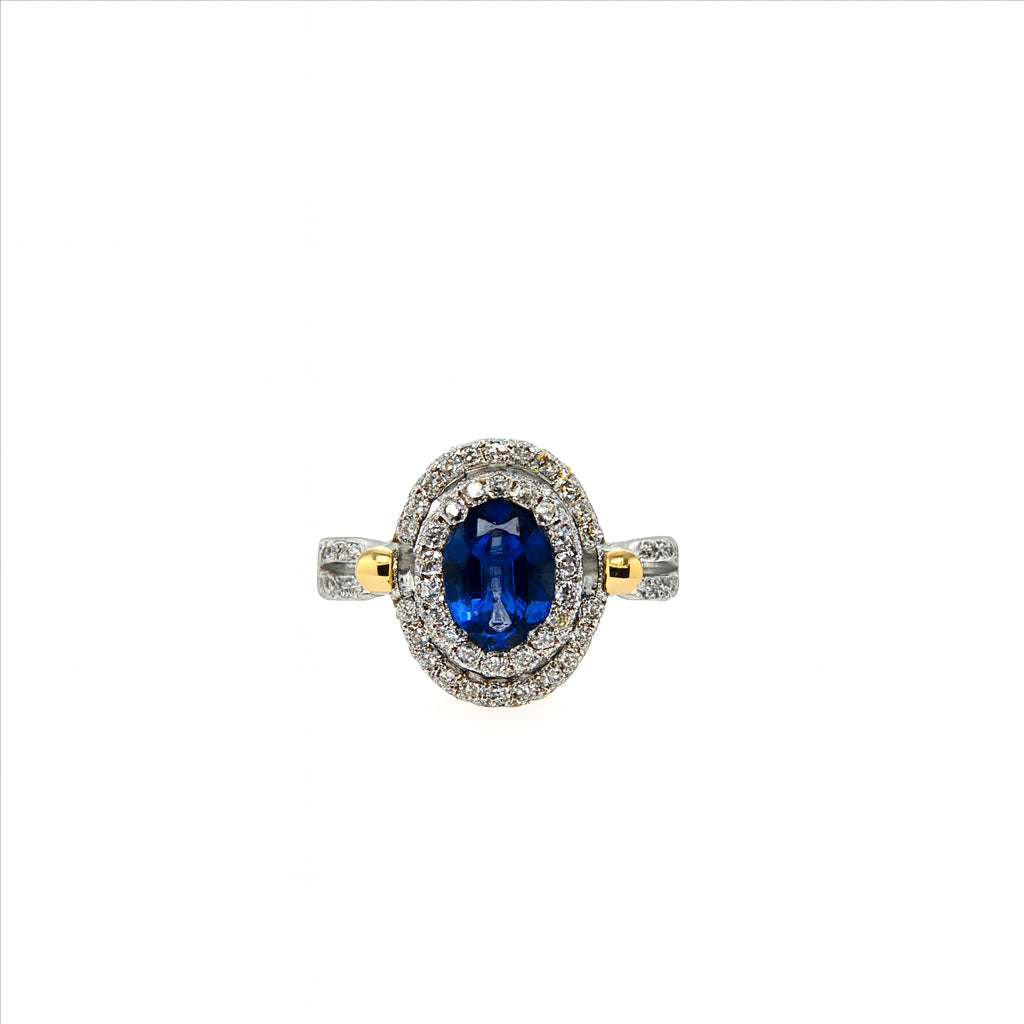 14K Two-Tone Double Halo Split Shank Blue Sapphire Oval Ring - 1.62 ct
