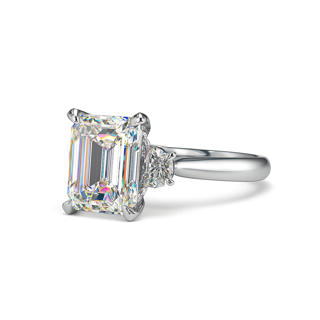 Emerald Cut & Half Moon Three Stone Engagement Ring in 14K White Gold with 3.10 Lab Diamonds