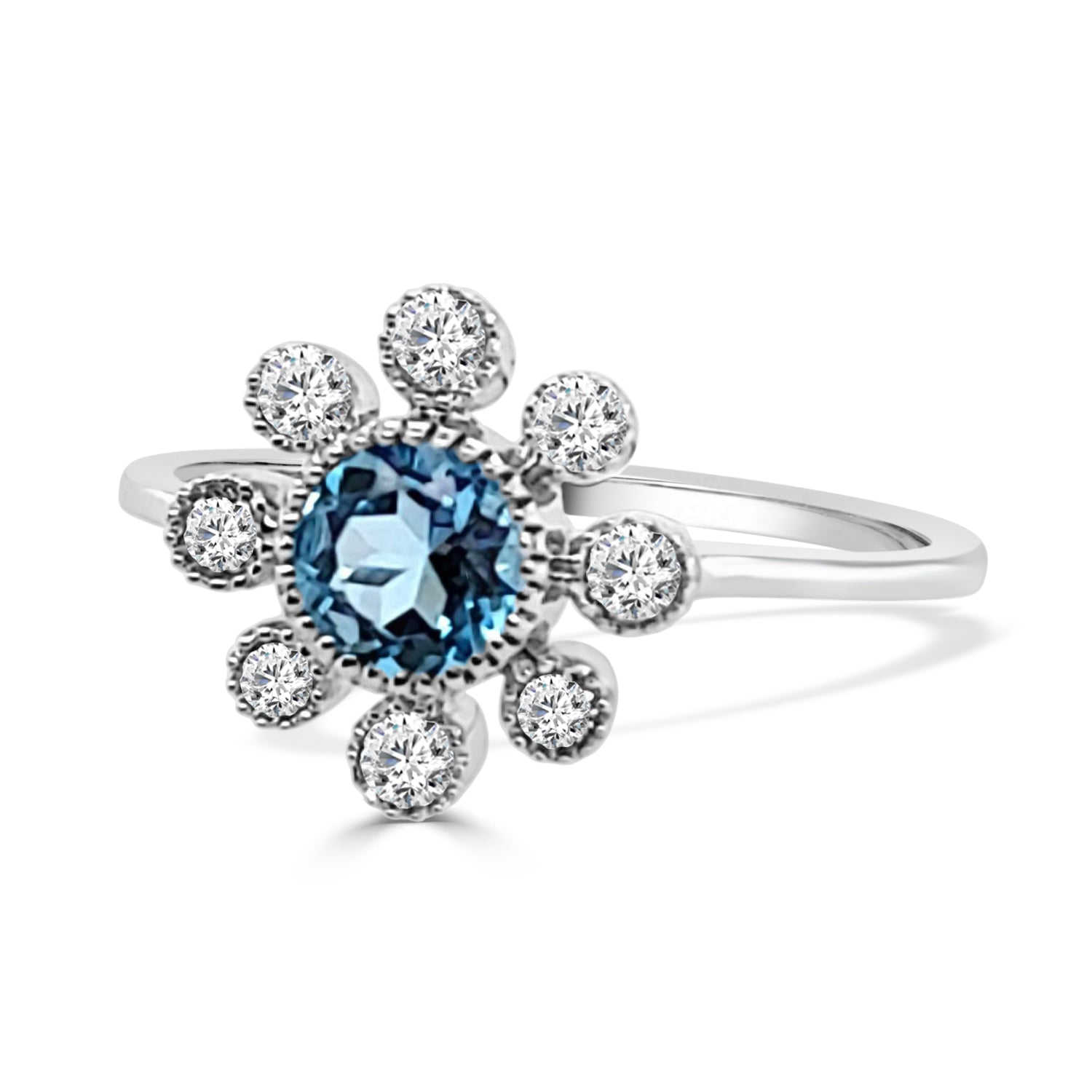 14K White Gold Beaded Bezel Set Halo Blue Topaz Ring - Round 0.55 Carat