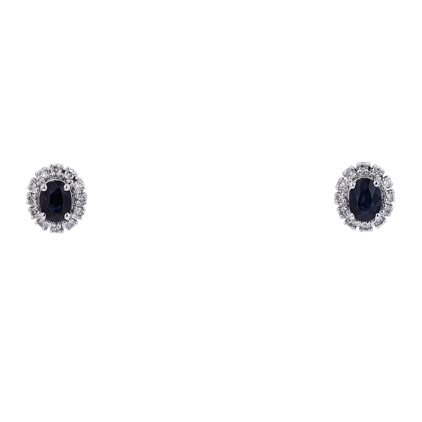 14K White Gold Blue Sapphire Halo Stud Earrings (0.50 ct) - Oval Shape
