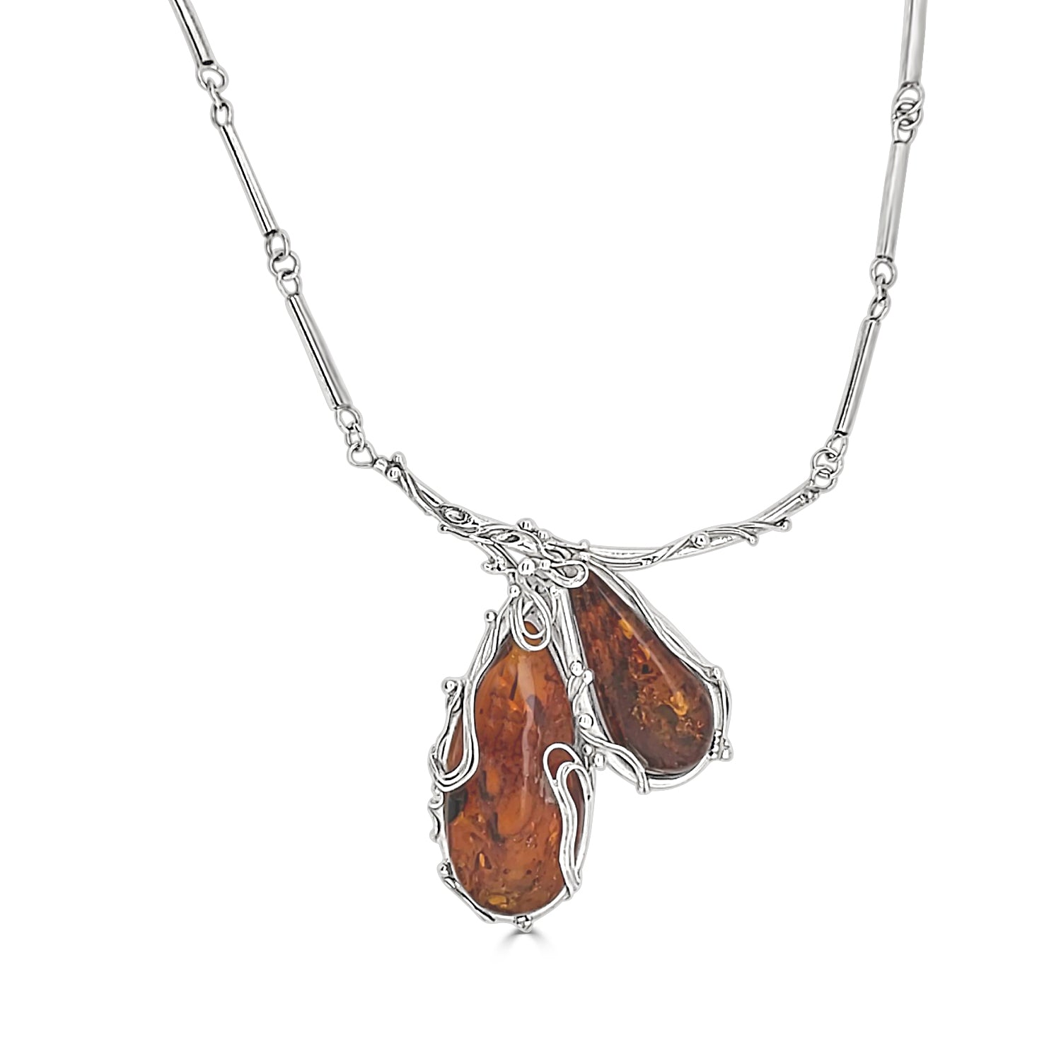 Vintage Sterling Silver Necklace with Handmade Teardrop Amber Pendant - Estate Statement Piece