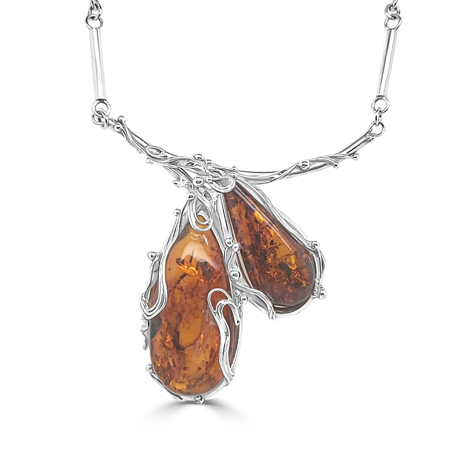 Vintage Sterling Silver Necklace with Handmade Teardrop Amber Pendant - Estate Statement Piece