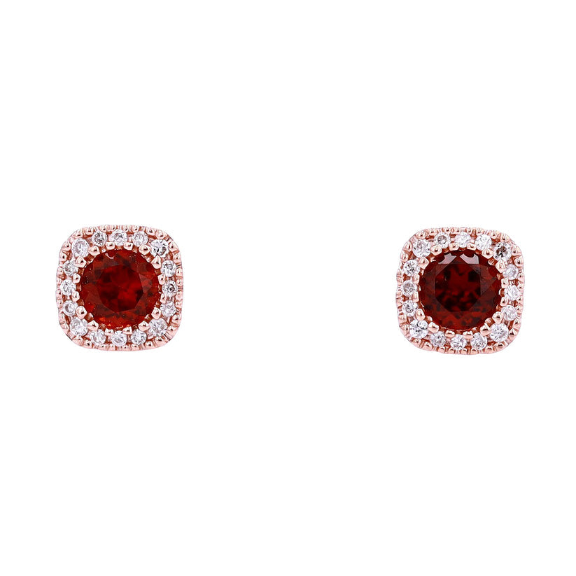 Rose Gold Garnet Stud Earrings with Diamond Halo - 10K Rose Gold Garnet Jewelry