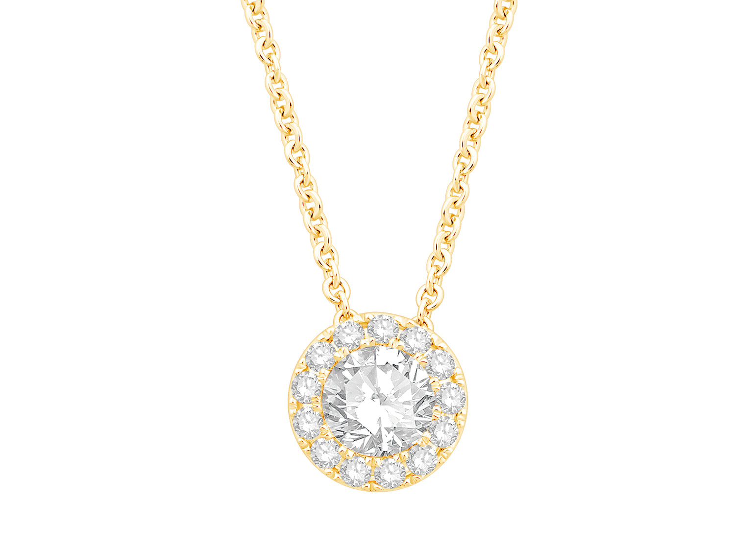 14K Yellow Gold Cable Necklace with Round Halo Pendant and 1.36 Lab Diamond