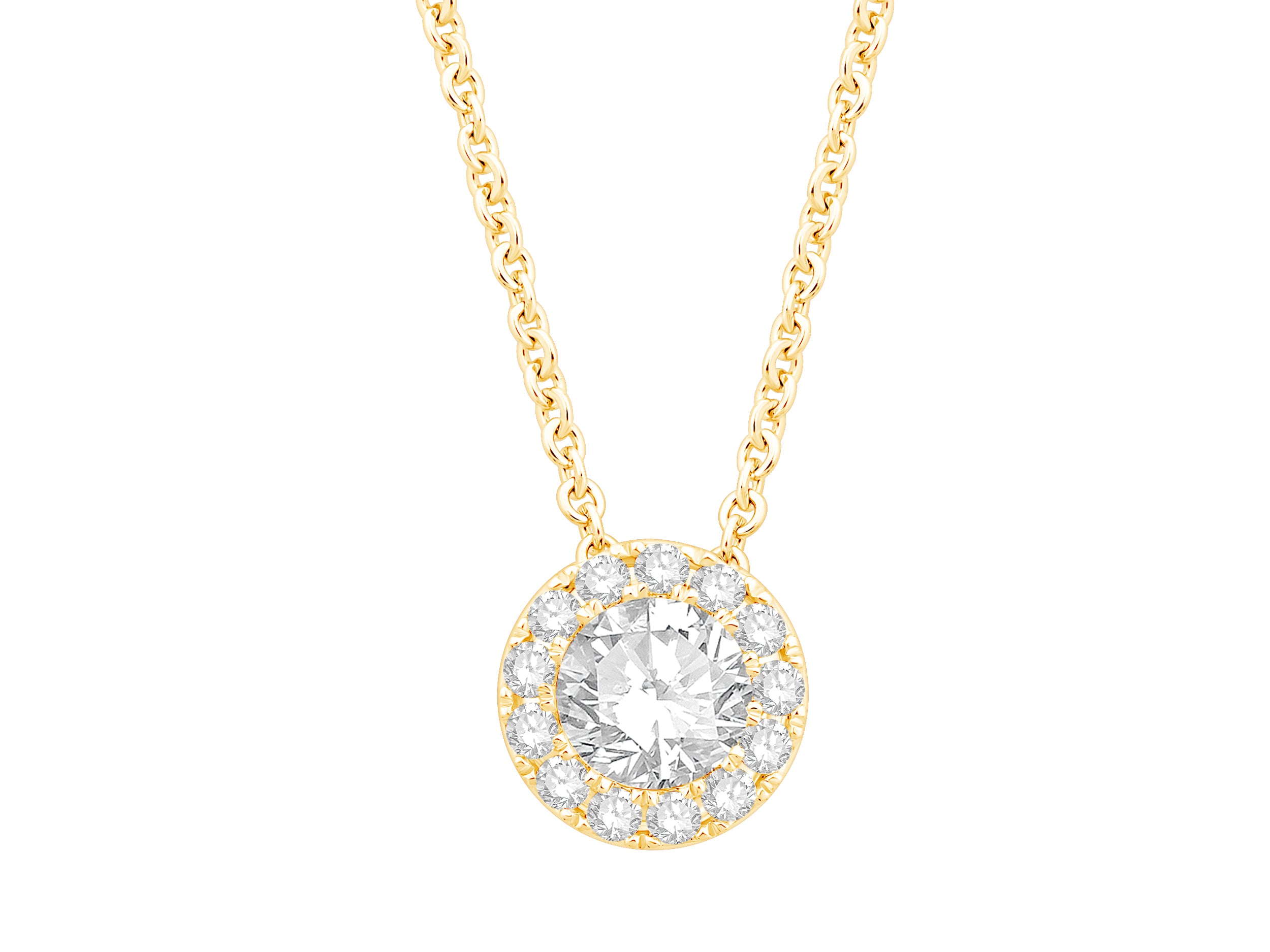 14K Yellow Gold Cable Necklace with Round Halo Pendant and 1.36 Lab Diamond