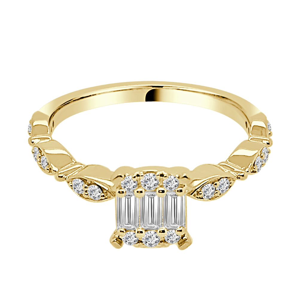 14K Yellow Gold Mosaic Diamond Engagement Ring - 0.35 ct Natural Diamond Center