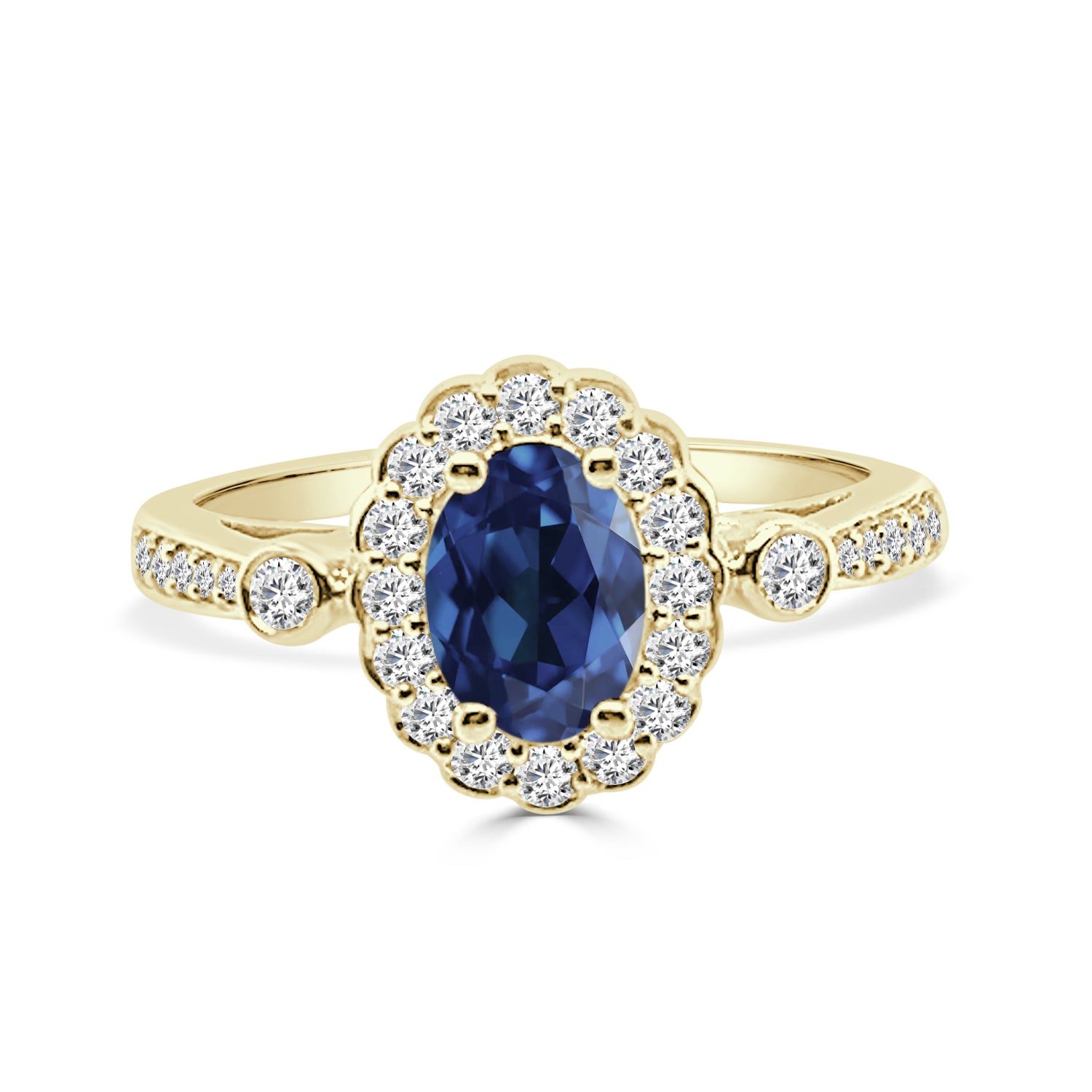 14K Yellow Gold Oval Blue Sapphire Ring with Diamond Halo - 1.00 Ct