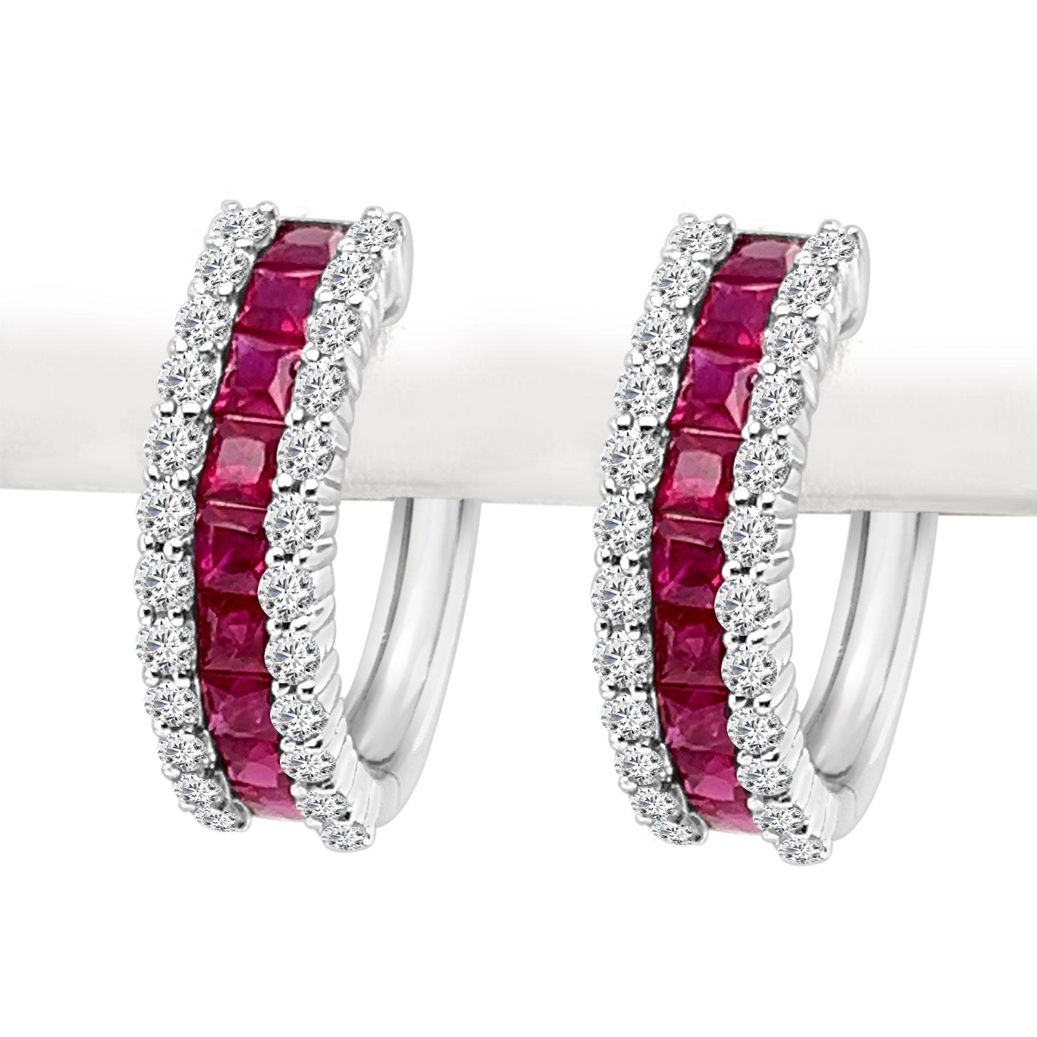 14K White Gold Diamond Channel Set Ruby Hoop Earrings with 2.23ct Ruby