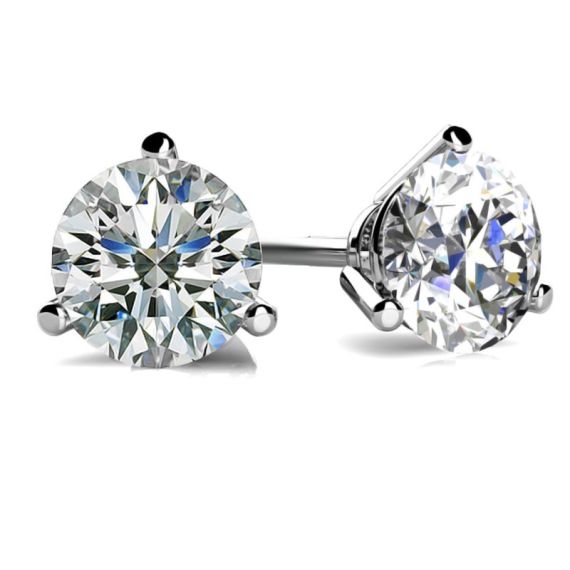 3-Prong 18K White Gold Solitaire Studs with 1.01 Carat Natural Diamond