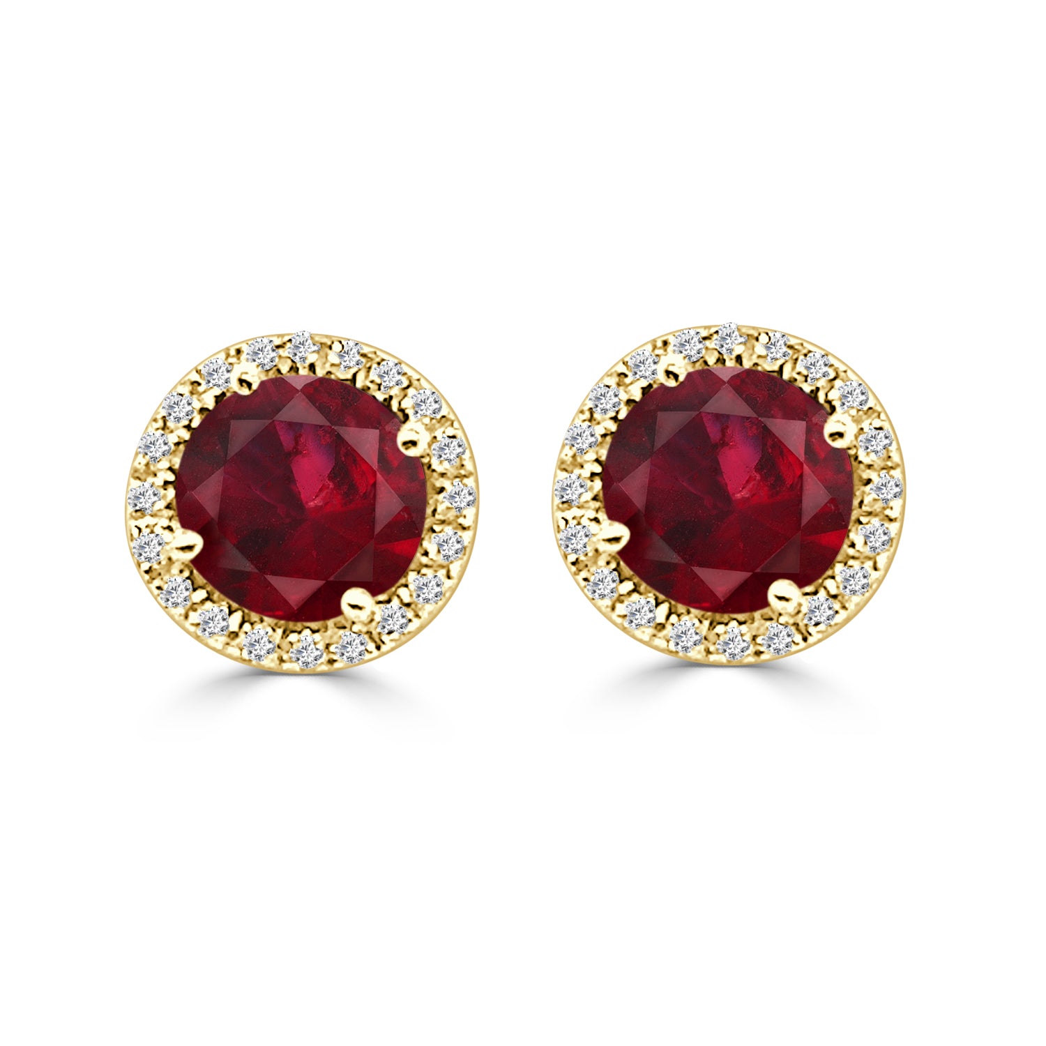 14K Yellow Gold Garnet and Diamond Stud Earrings - Round Shape 1.80