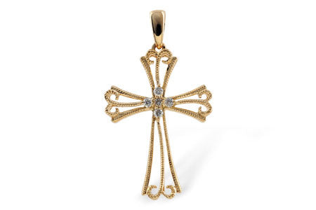 14K Yellow Gold Milgrain Cross Necklace with Natural Diamond Pendant