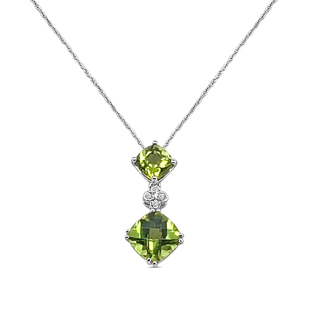 14K Yellow Gold Peridot and Diamond Clover Necklace with Cushion Cut Peridot - 3.25 Carats