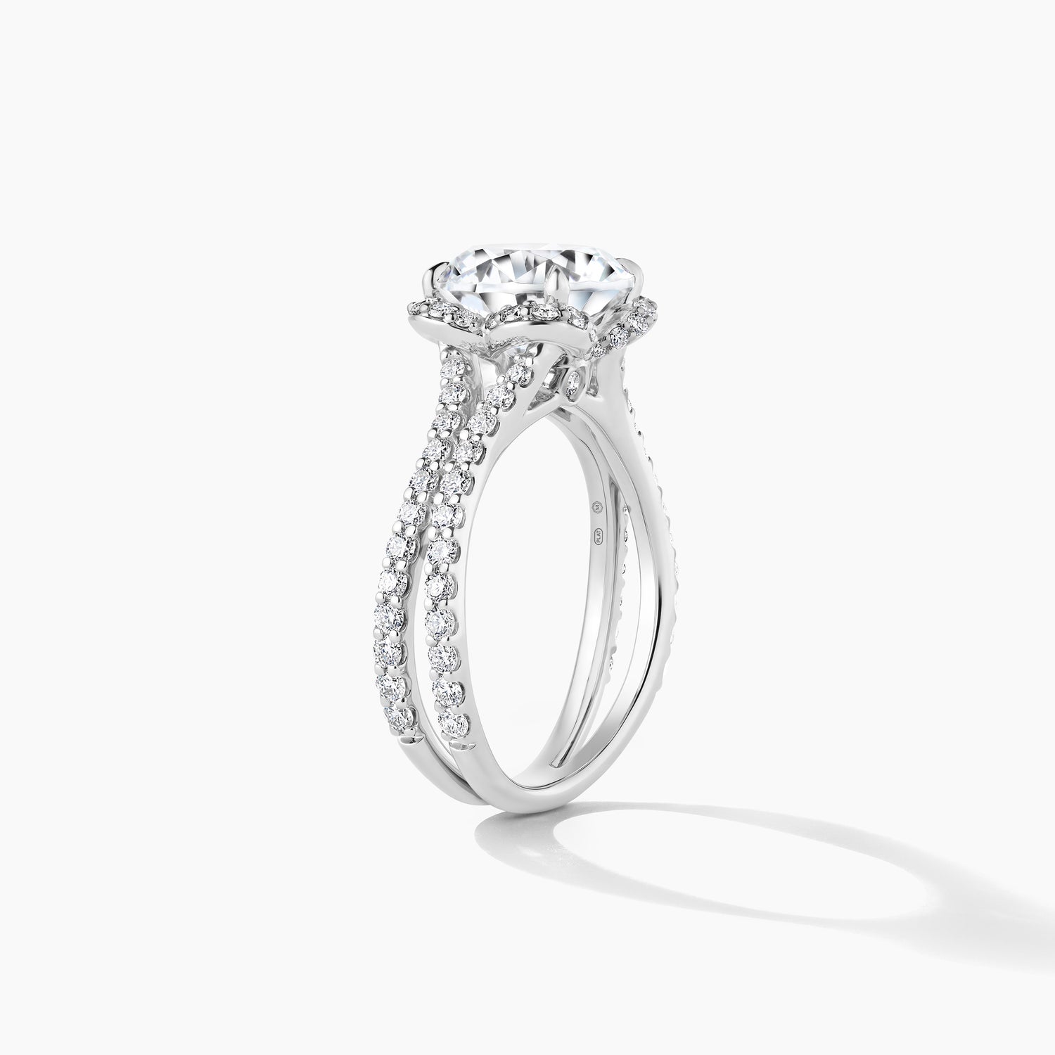 Platinum Floral Halo Split Double Row Shank Engagement Ring with Round Natural Diamond - 300