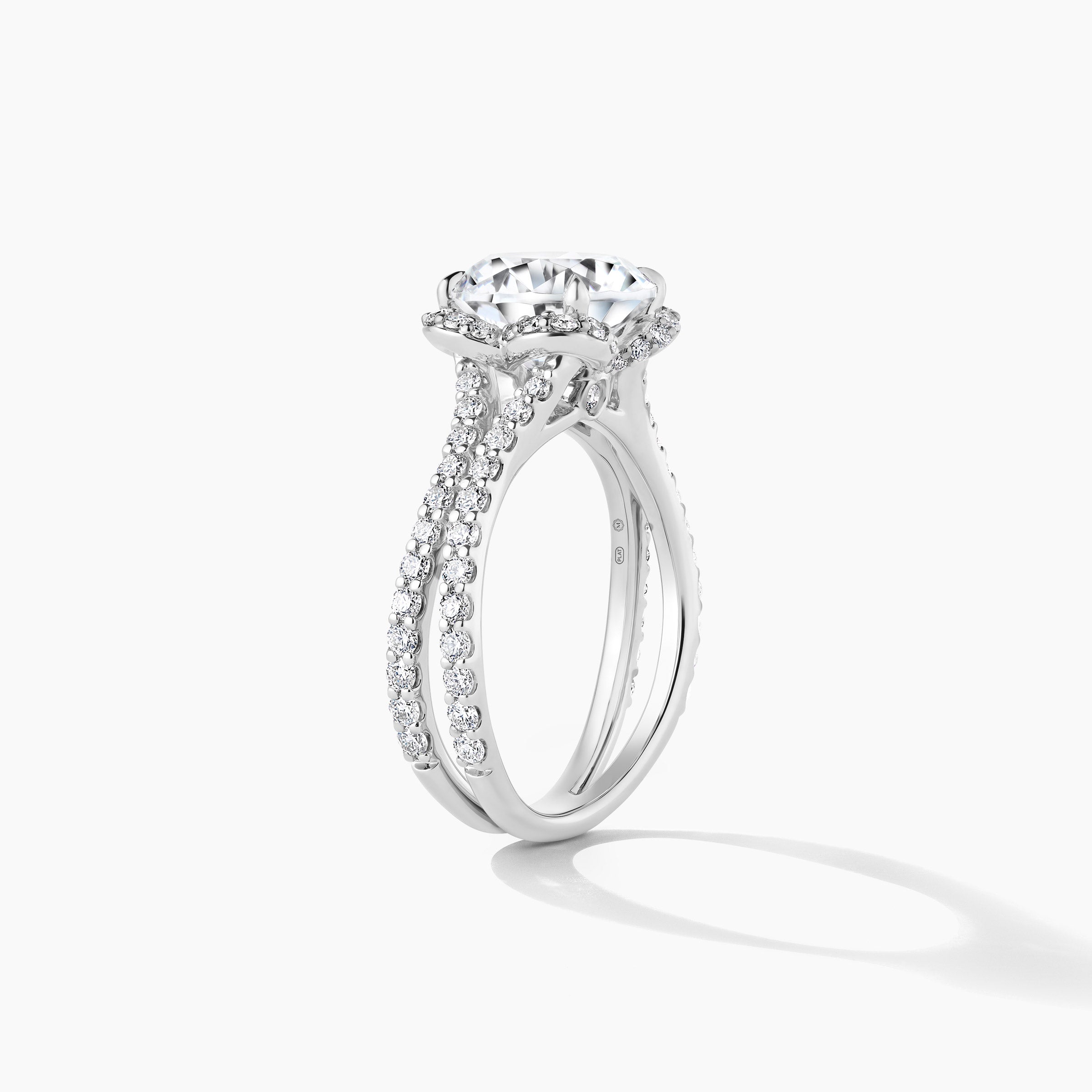 Platinum Floral Halo Split Double Row Shank Engagement Ring with Round Natural Diamond - 300