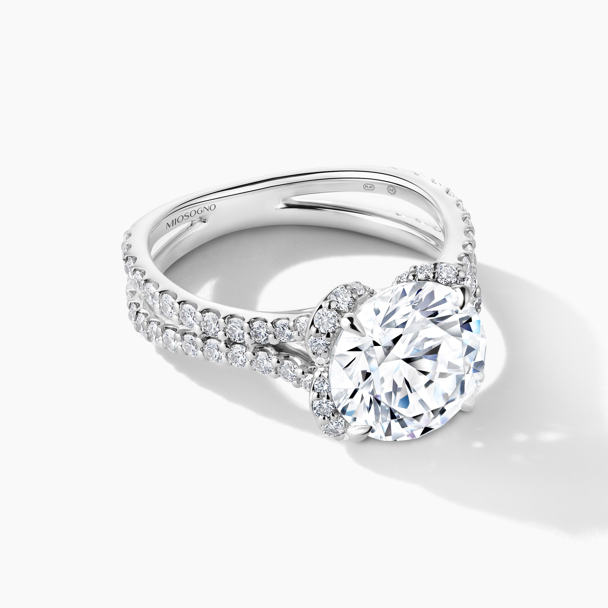 Platinum Floral Halo Split Double Row Shank Engagement Ring with Round Natural Diamond - 300