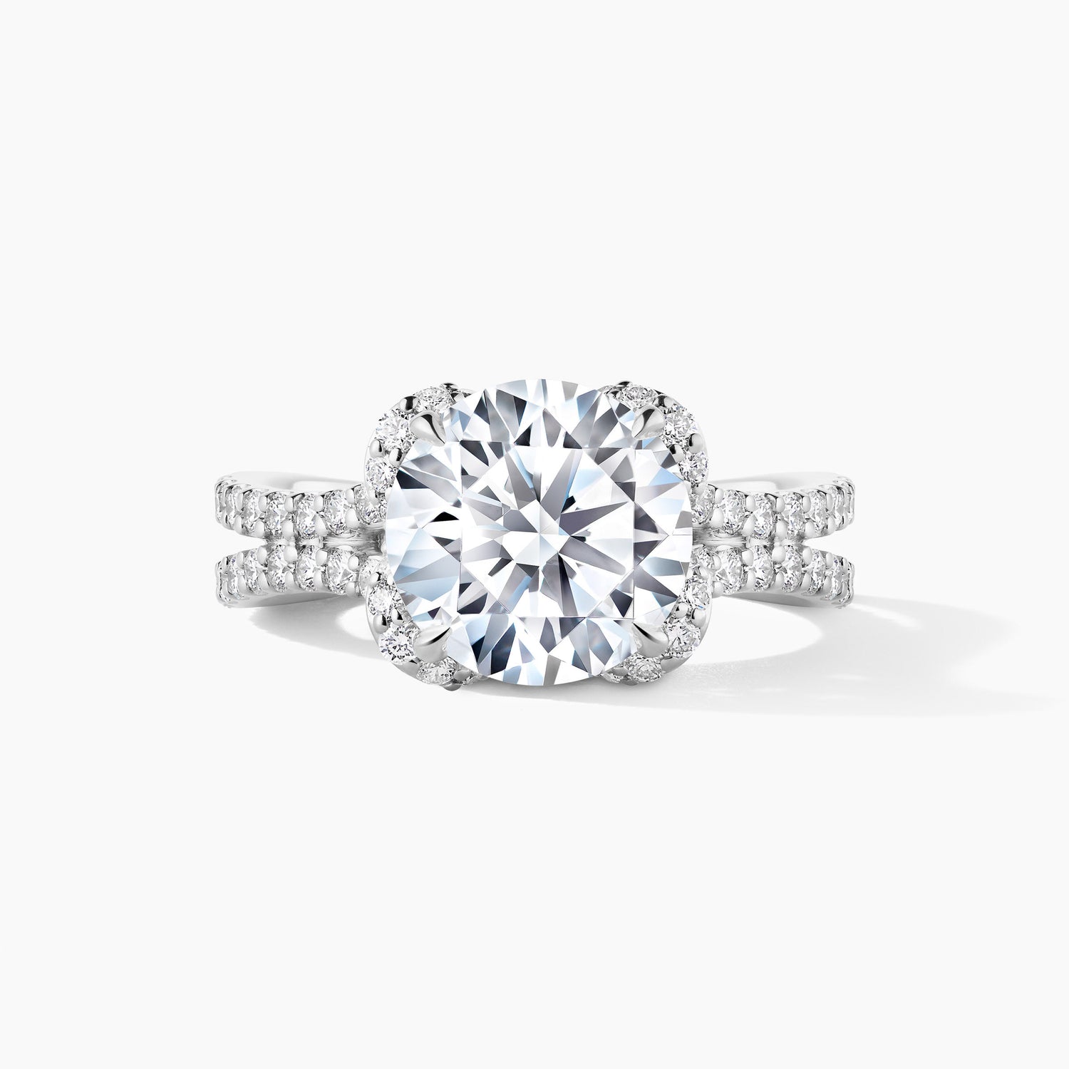 Platinum Floral Halo Split Double Row Shank Engagement Ring with Round Natural Diamond - 300