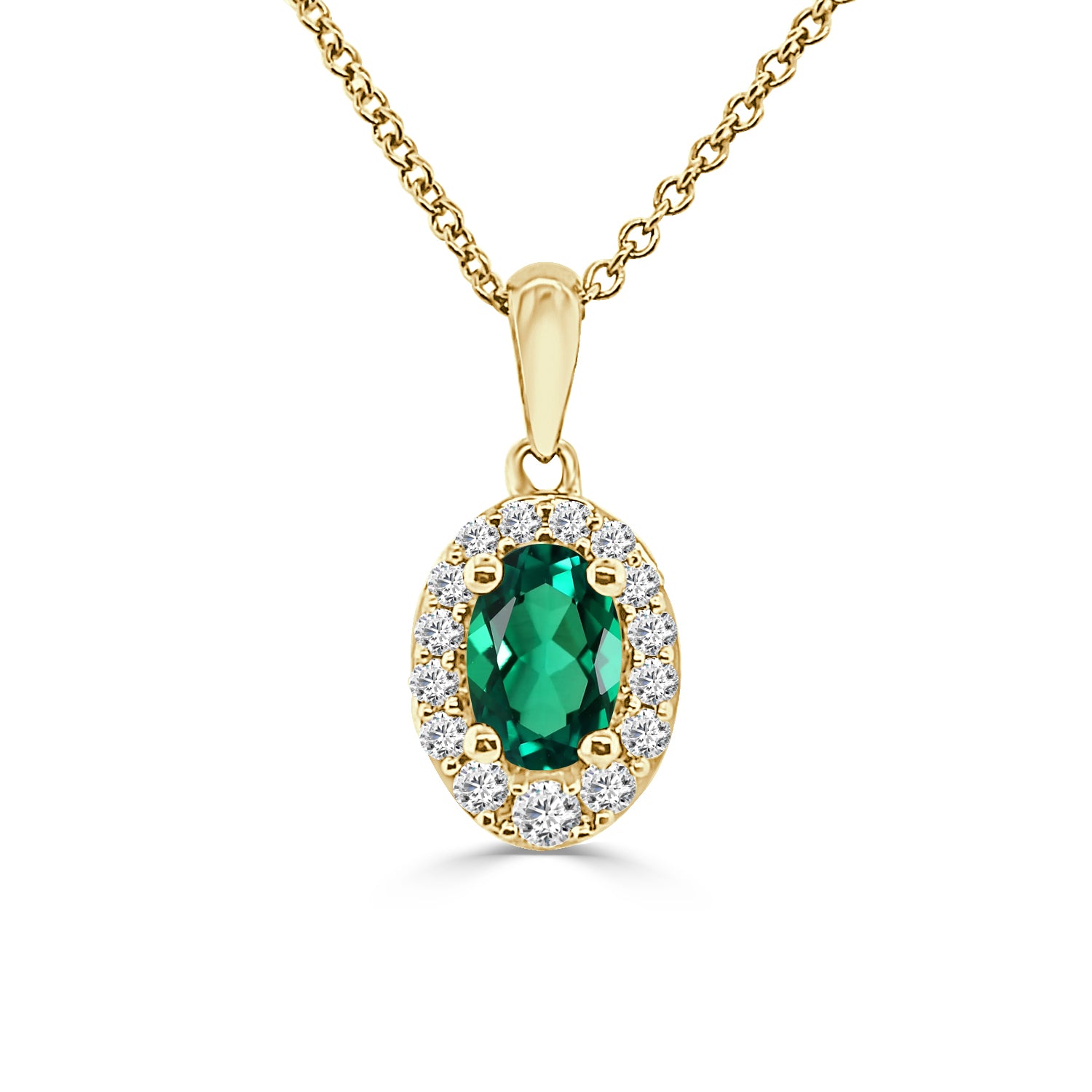 Emerald Halo Oval Necklace in 14 Karat Yellow Gold with 0.50 Carat Diamonds
