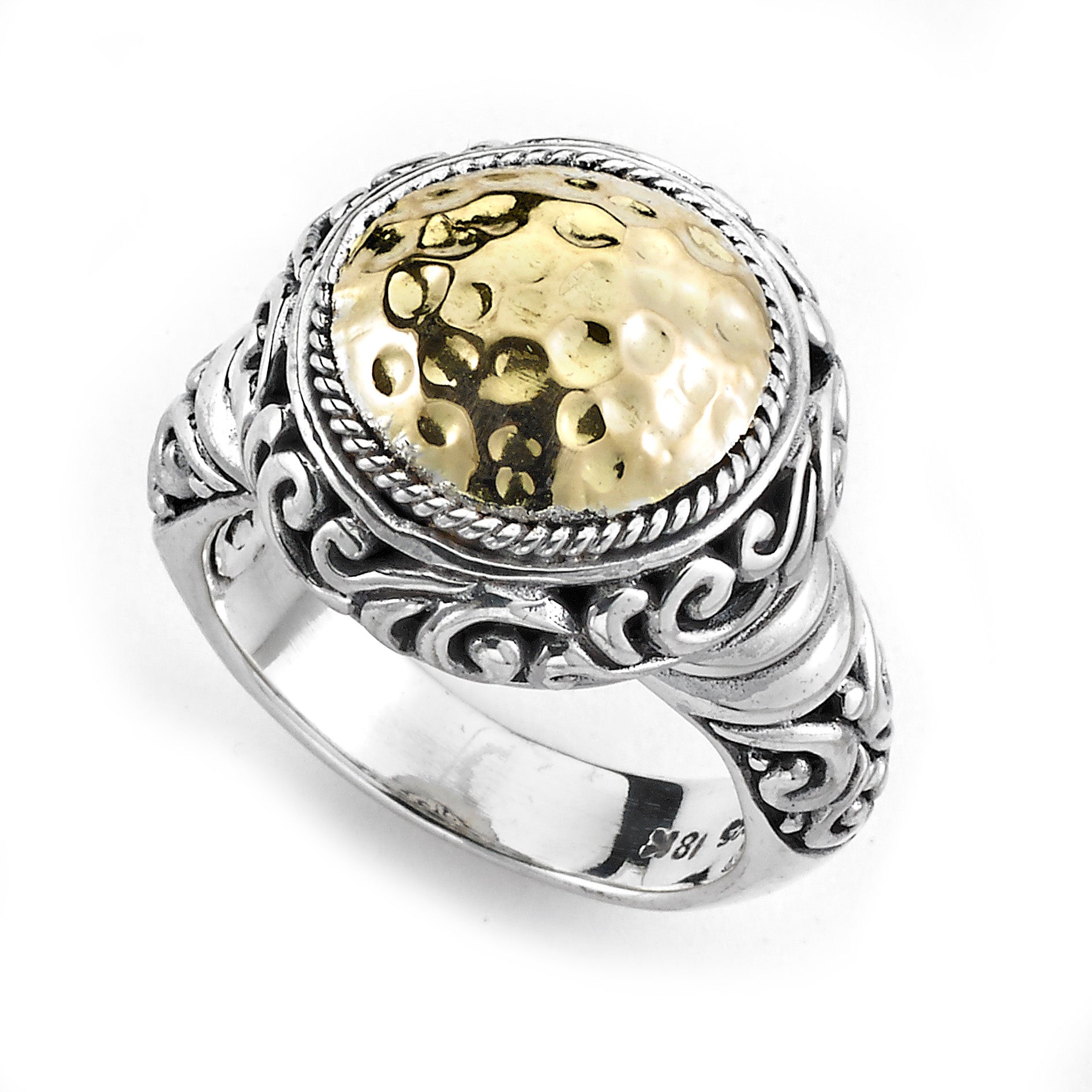 18K Yellow Gold and Sterling Silver Round Hammered Ring