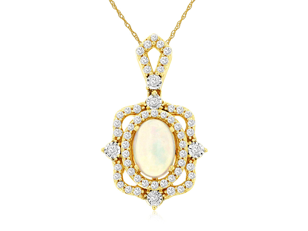 Opal and Diamond Pendant Necklace in 14K Yellow Gold with Oval-Shaped Opal (0.50 ct)