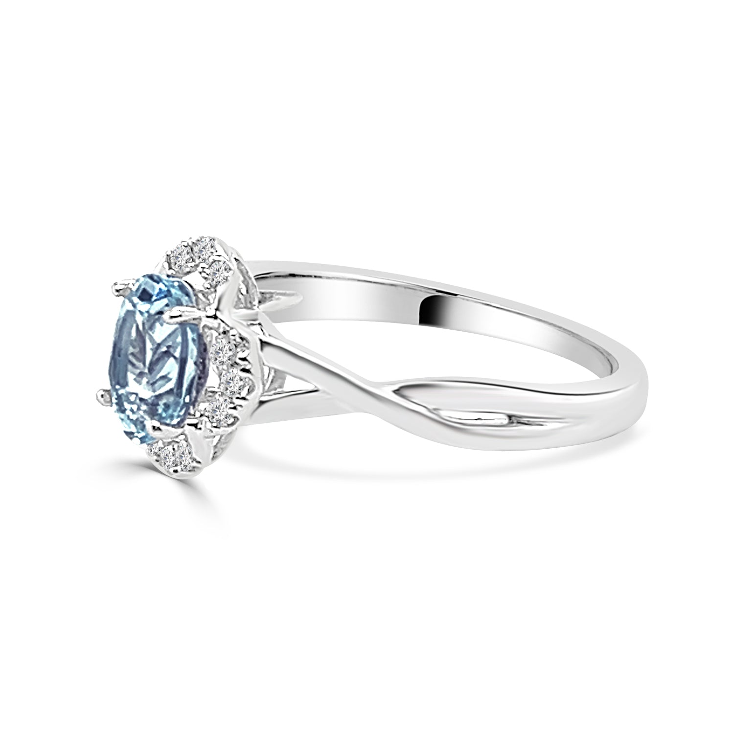 Floral Diamond Halo Aquamarine Ring in 14K White Gold with Oval-Shaped 0.68ct Aquamarine